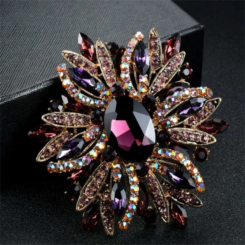 Vintage Style Large Sparkly Purple Flower Brooch Pin with Gemstones