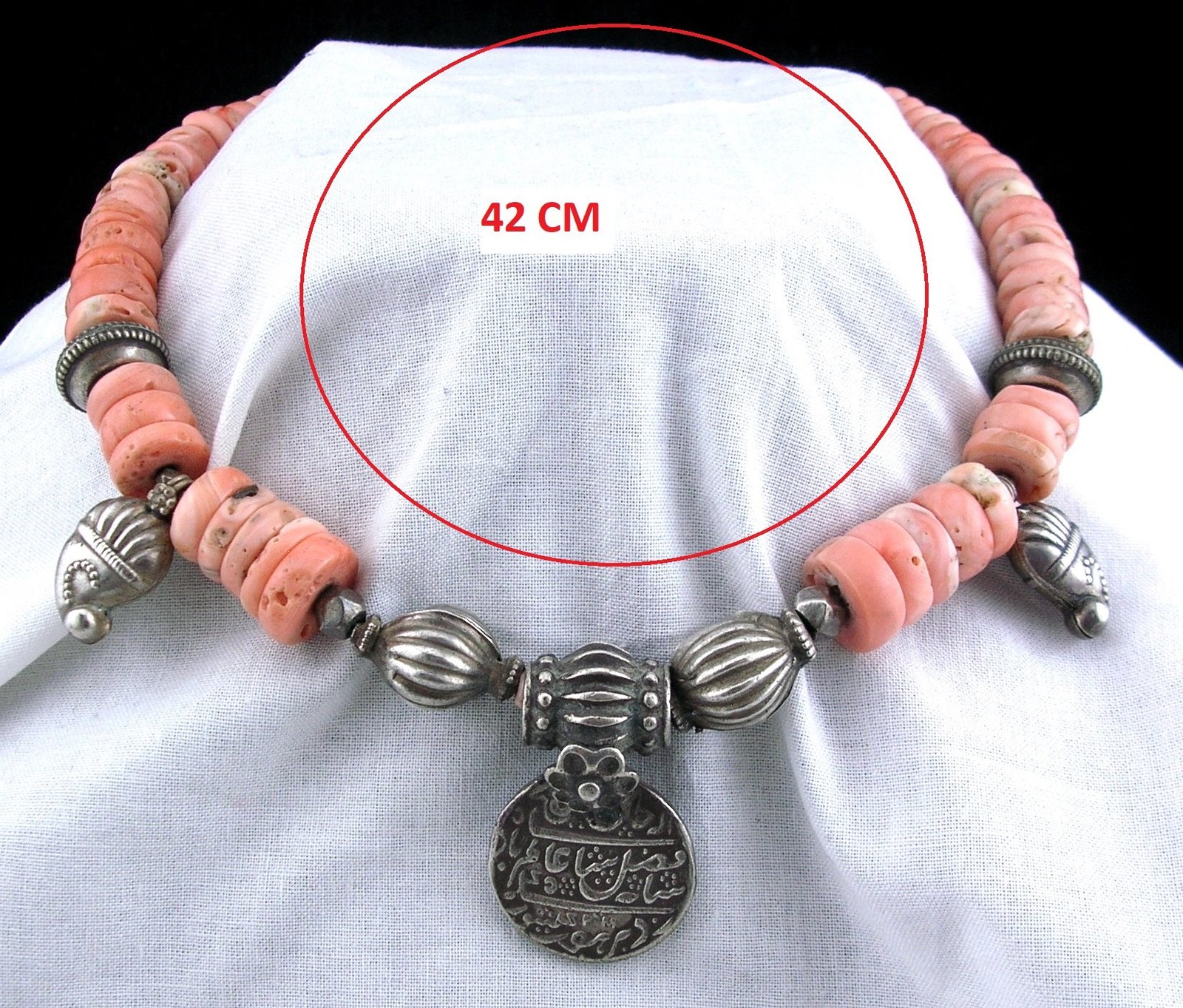 VINTAGE AFGHANISTAN SILVER AND CORAL NECKLACE 42 cm 118 gr