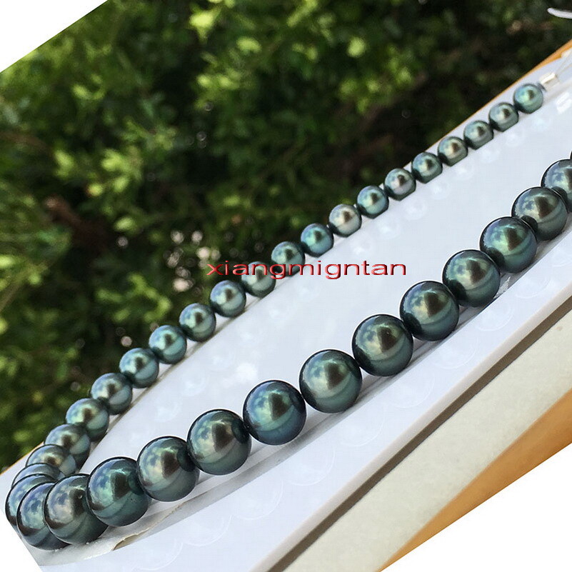 top luster 18″10-11mm natural real TAHITIAN black blue green pearl necklace 14K