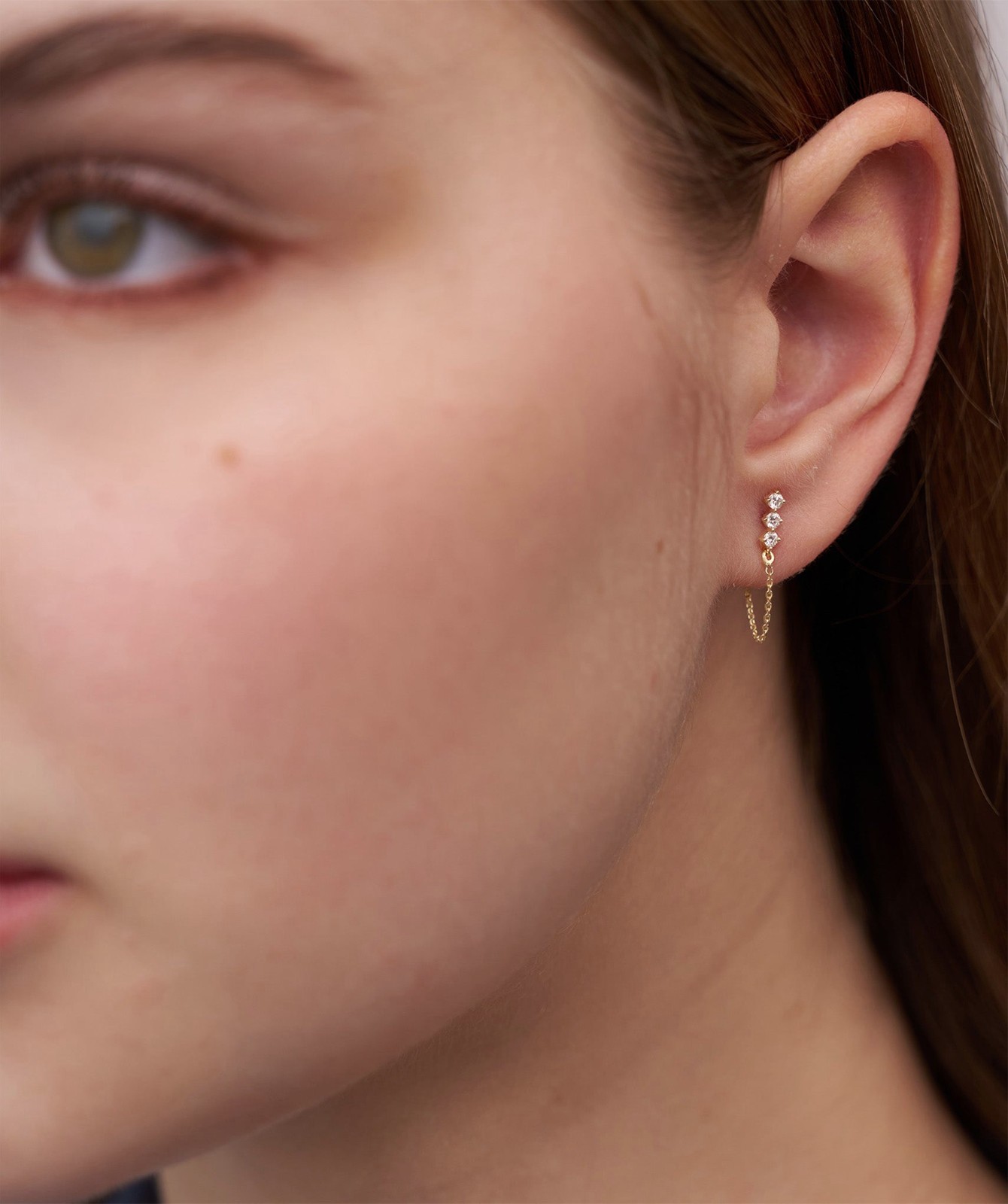14K Gold Round Lab Grown Diamond Three Stone Climber with Chain Loop Earrings