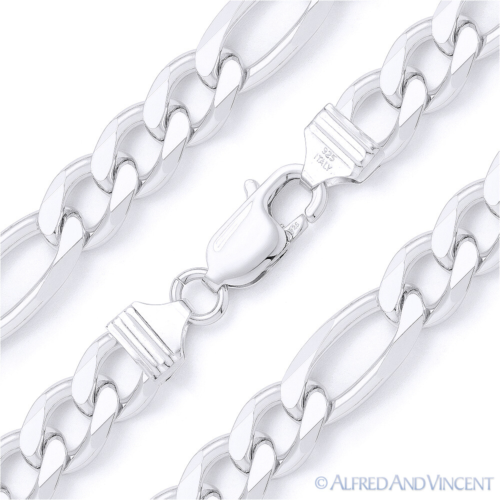 Solid Italy .925 Sterling Silver Figaro Link 9.1mm Men’s Italian Chain Necklace