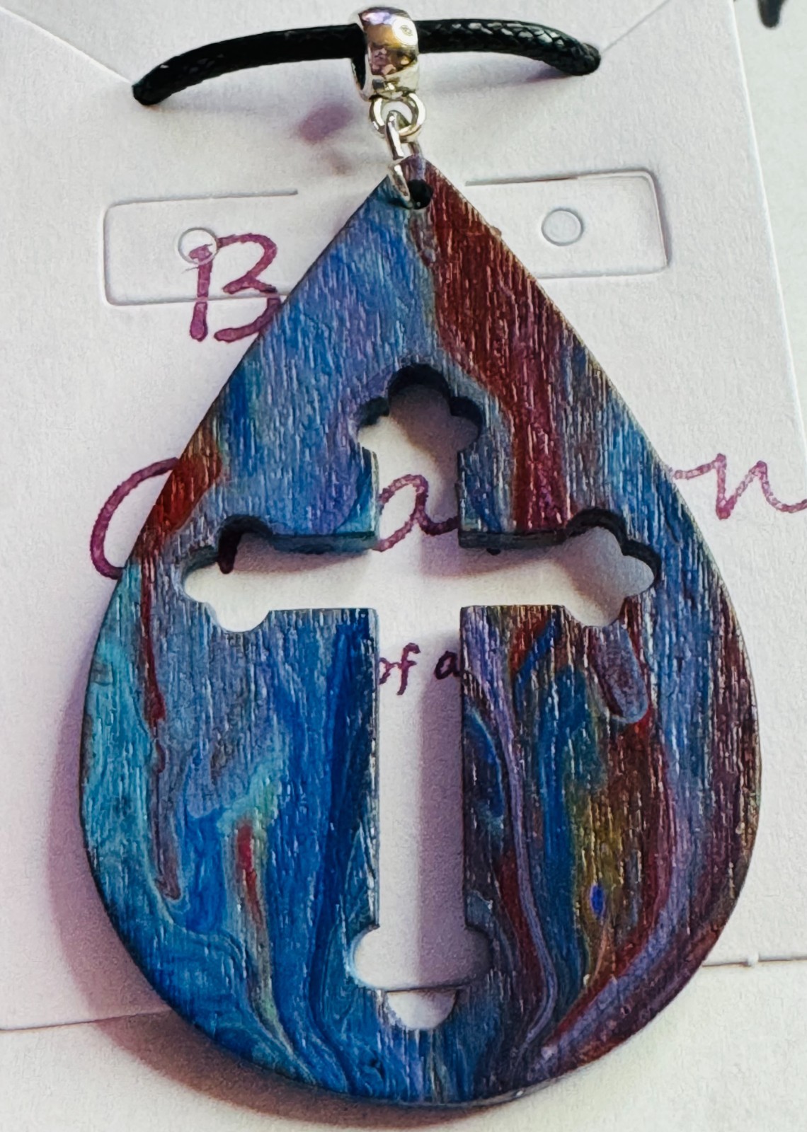 Handcrafted Teardrop Cross Pendant One Of a Kind Hand-Painted by Local Artist
