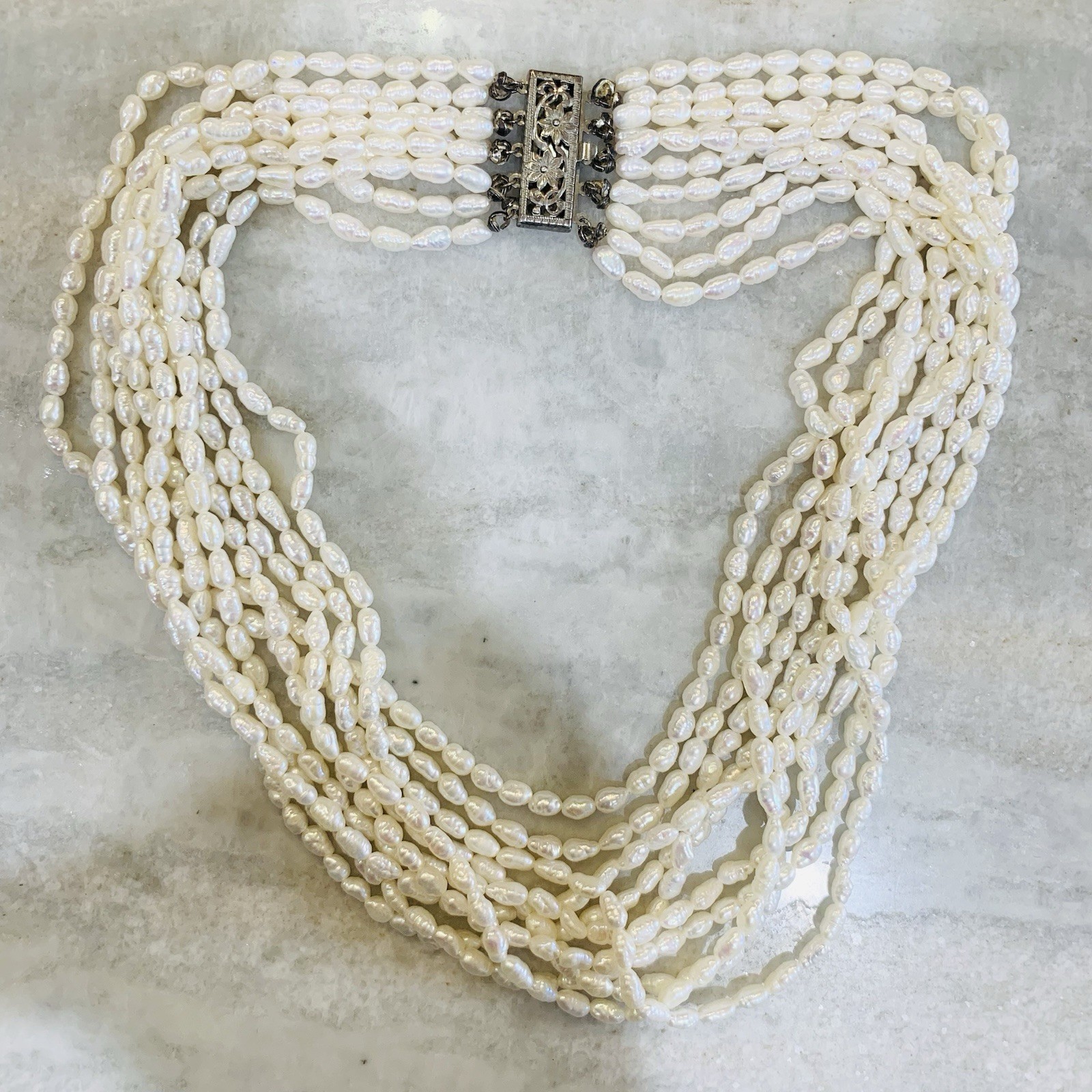 VTG Rice Pearl Necklace Multi 5 Strand Sterling Fancy Clasp Choker Hi Luster “