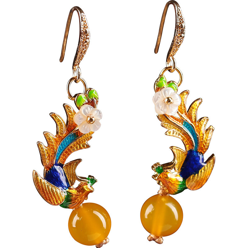 Chinese Ethnic Style Antique Earrings Yellow Agate Cloisonne Phoenix Earrings