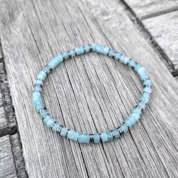 Genuine Aquamarine Hematite Protection Bracelet Healing Wealth Women Men Jewelry