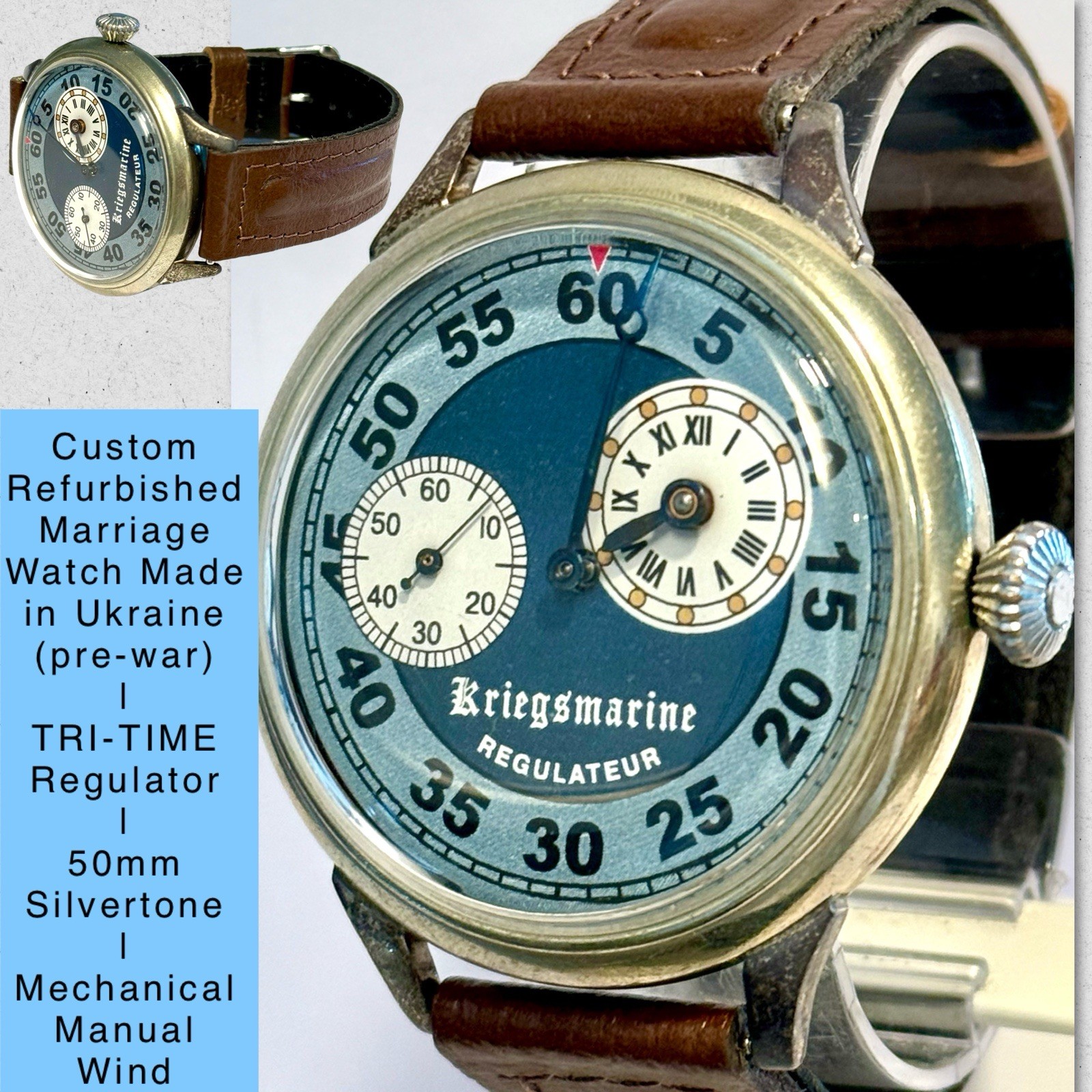 Vintage TRI-Time Regulator Blue/Silvertn Custom MARRIAGE Mechanical Manual Watch
