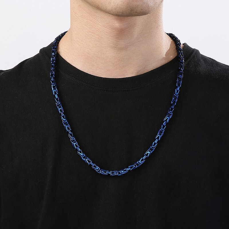 6mm 24inch Stainless Steel Byzantine knot Link Chain Mens Necklace Blue Jewelry