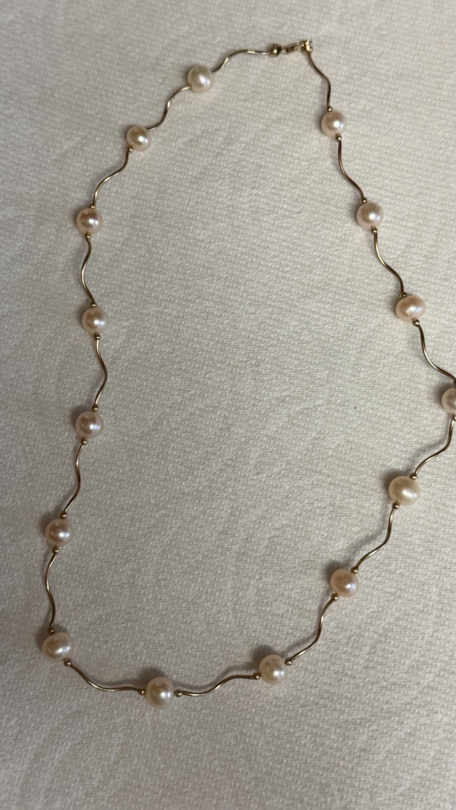 Gold Tone Station Link Chain Necklace with Cream Round Pearl Beads