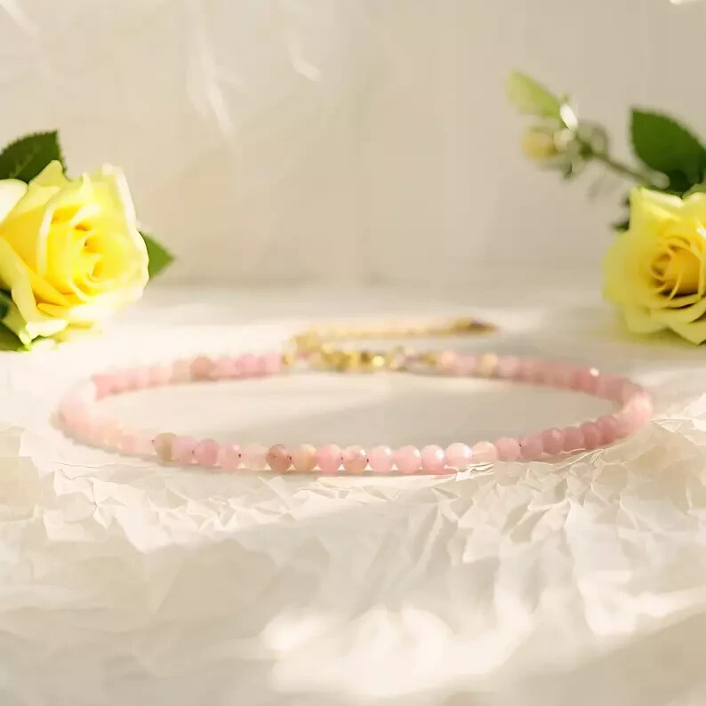 Natural Pink Opal Crystal Gemstone Dainty Bracelet Minimalist 3mm Faceted Beads