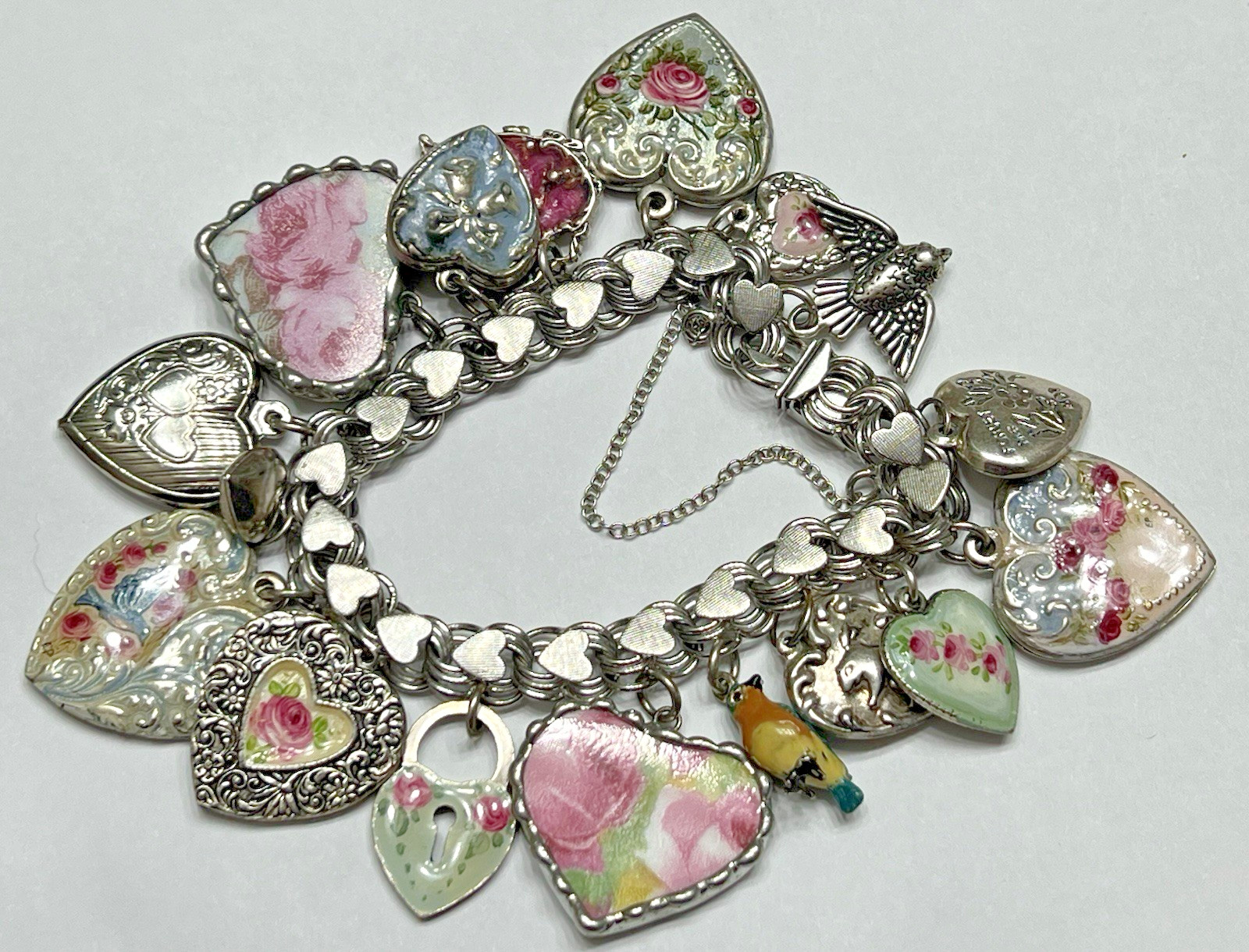 Vintage Puffy Hearts Charm Bracelet Sterling Silver Estate Pink Heart Charms US