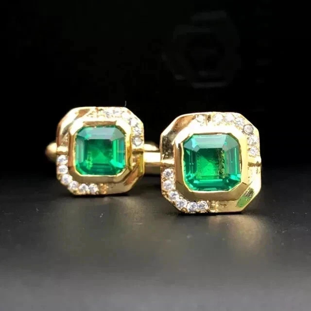 3Ct Asscher Cut Lab Created Green Emerald Men’s Cufflinks 14K Yellow Gold Plated