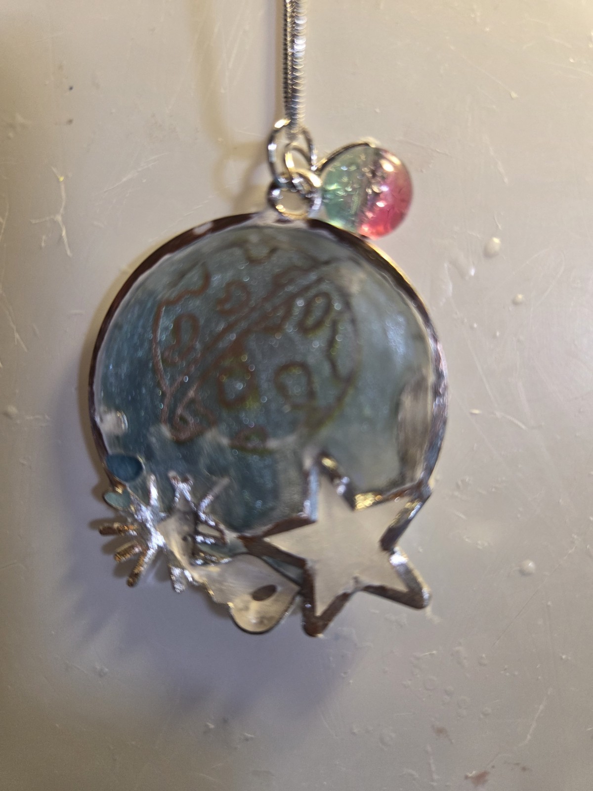 Handmade Resin Necklace, Sparkling Blue Celestial, Sterling Silver 18″ Chain