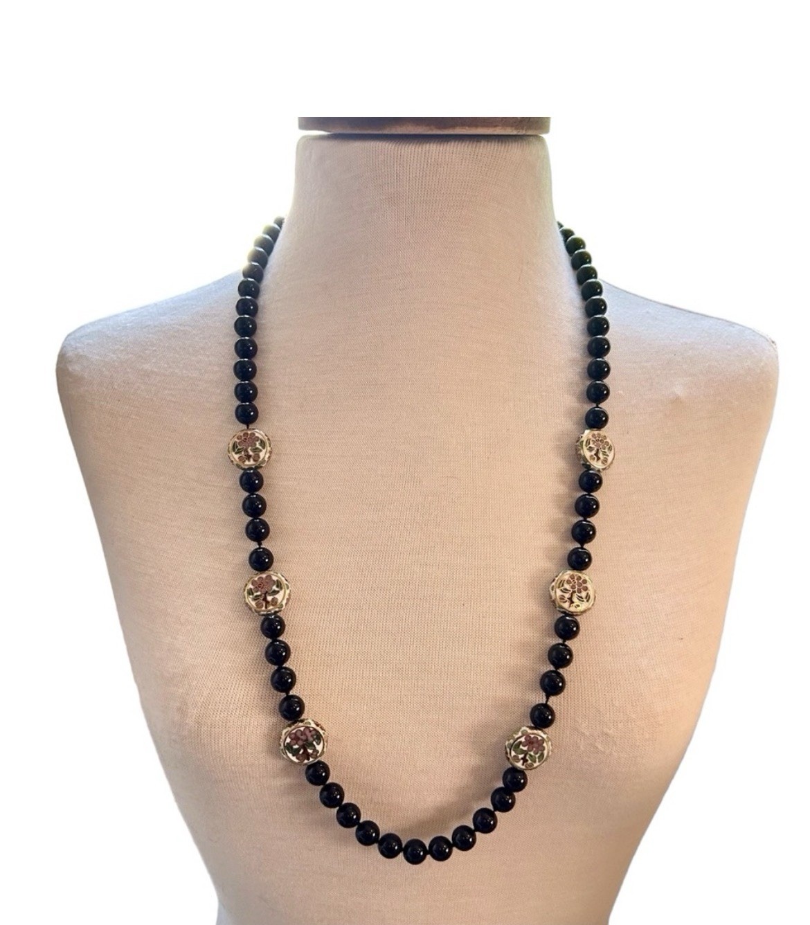 Vintage Onyx and Cloisonné Beaded Necklace Gatsby Victorian Art Deco