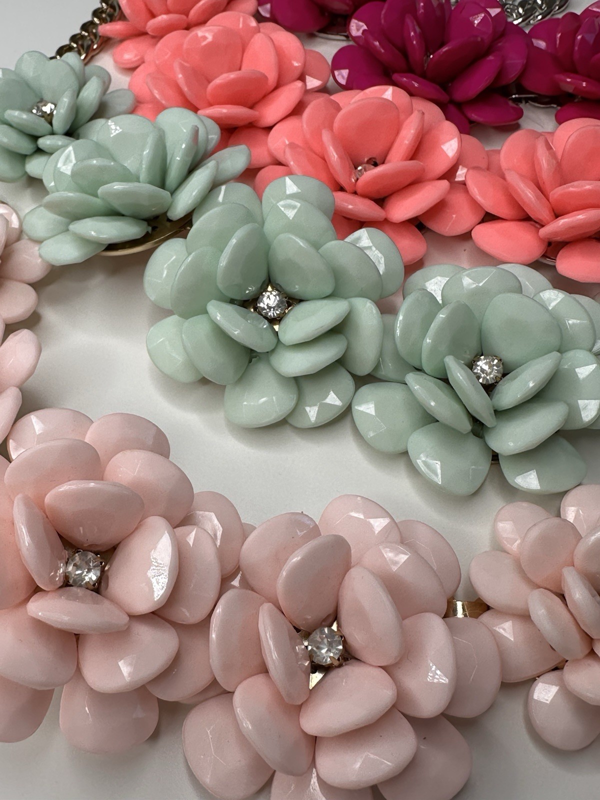 Multicolor Resin Flower Statement 4 Necklaces w/ Clear Rhinestones, Curb Link