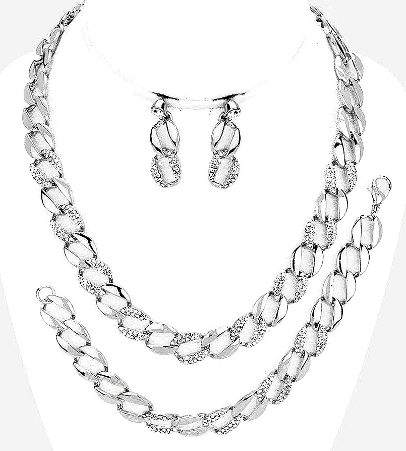 VERSATILE SILVER HIGH QUALITY 3 PC CLEAR CRYSTAL FASHION NECKLACE JEWELRY SET*