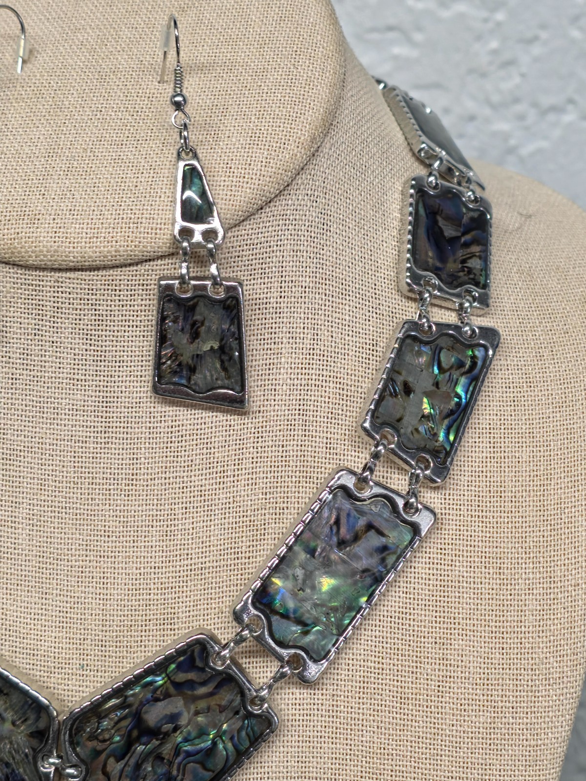 Artisan Abalone Shell Necklace Earring Set Silver Tone Rectangle Mosaic 16-18″