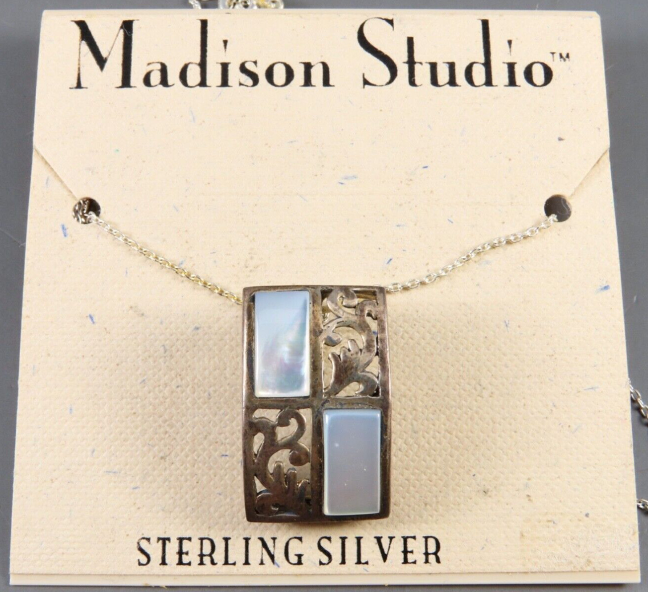 New MADISON STUDIO Sterling Silver CHAIN NECKLACE Scroll Pendant MOTHER OF PEARL