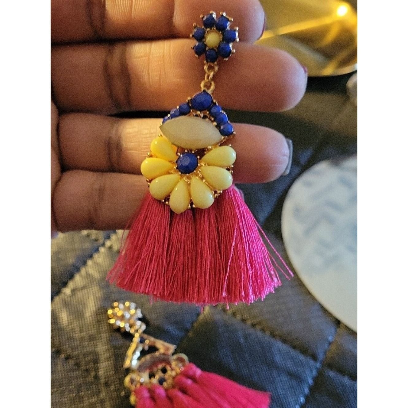 Colorful Tassel Drop Earrings – Pink & Yellow Floral Design