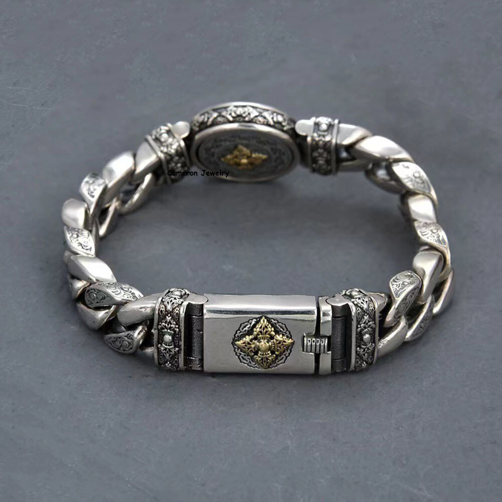 Solid S925 Sterling Silver Chain 11mm Round Vajra Curb Link Bracelet 7.1-8.7inch
