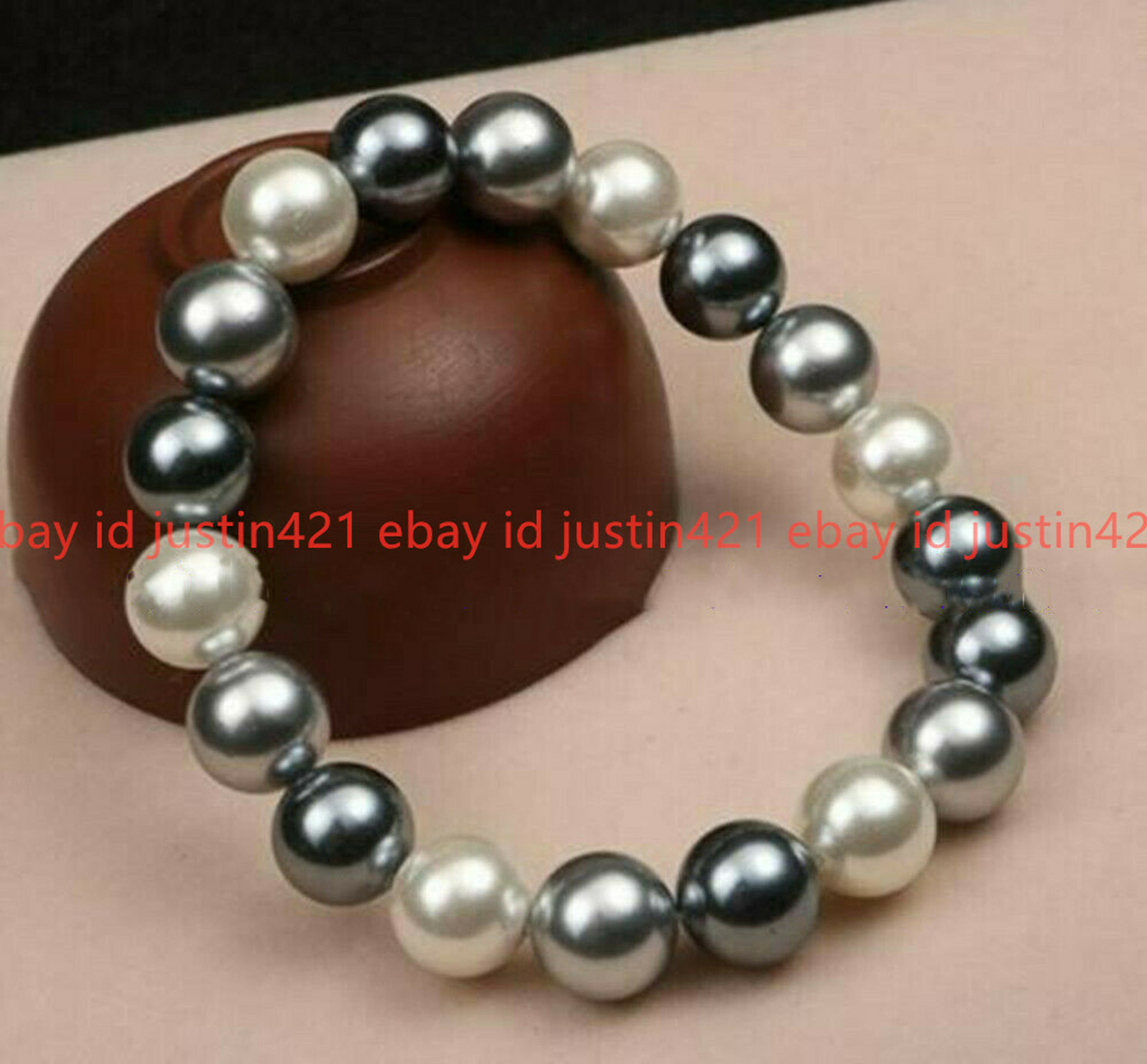 Natural 8/10/12mm White Black Gray South Sea Shell Pearl Bracelet 7.5” AAA