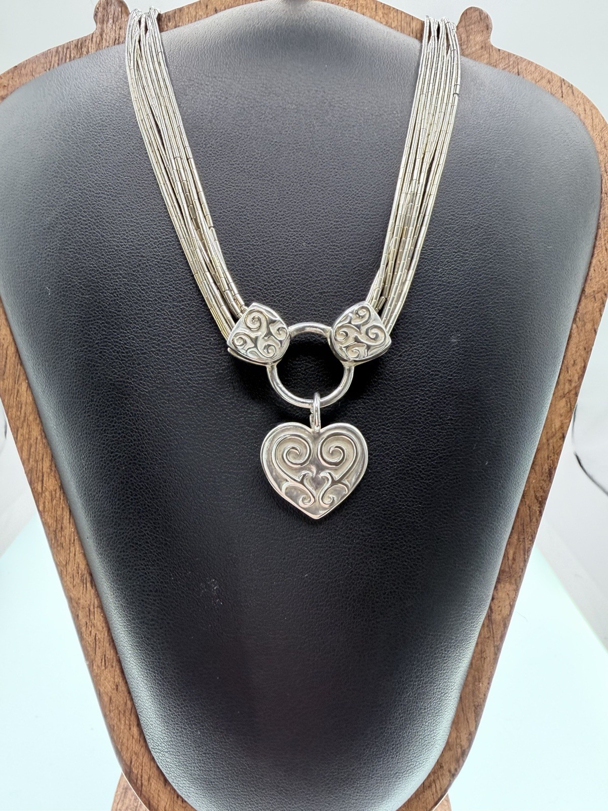 Signed S 925 Sterling Silver 8 Strand Liquid Silver Heart Necklace 17in+3in