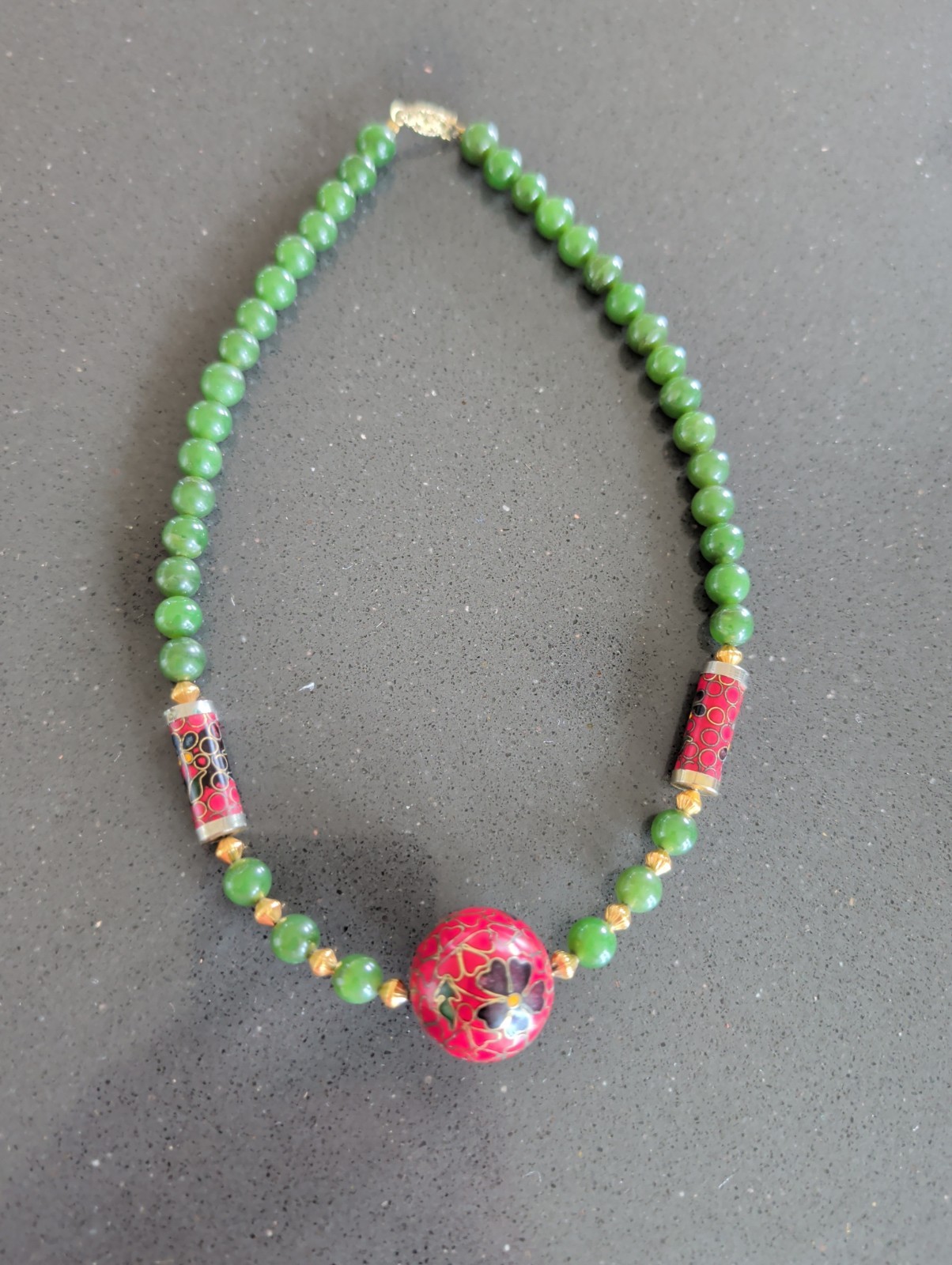 Vintage Jade & Cloisonné Beaded 16” Necklace With Filigree Clasp & Beads T39