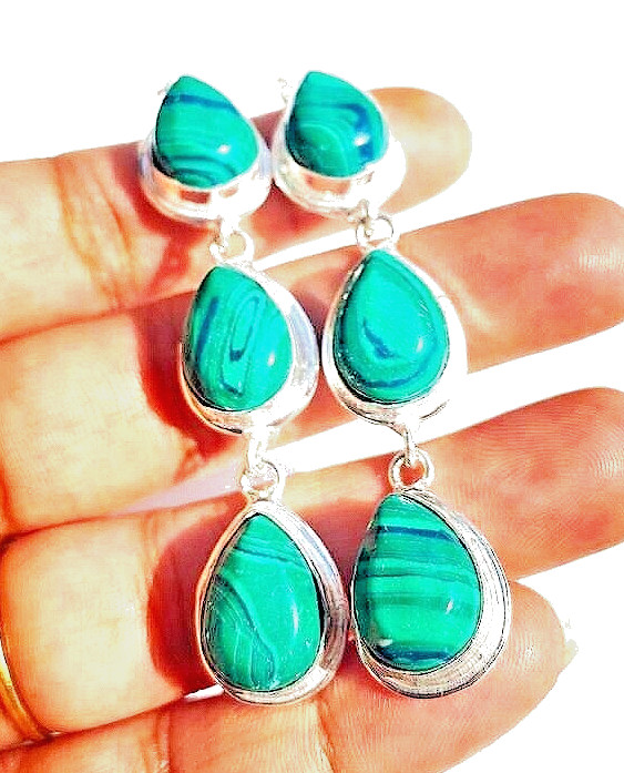 Natural Malachite Gemstone 925 Sterling Silver Handmade Jewelry Earrings 2.10″