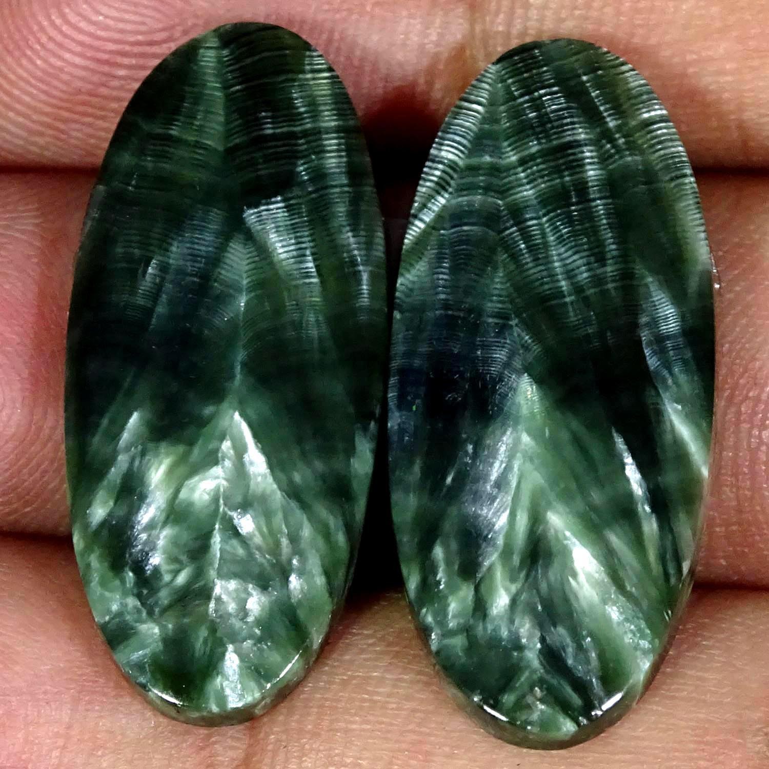 30.80Cts Ultra Natural Green Seraphinite Pair Oval Cabochon 14X31X4MM