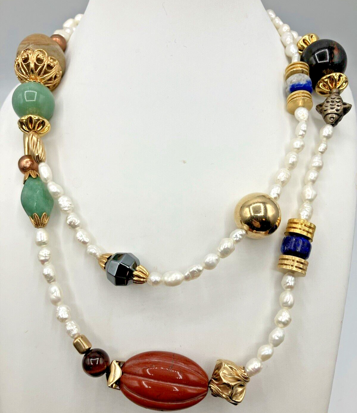 36” Vintage Saks Fifth ave Ro-do Collection Pearl & Semi Precious Stone sautoir