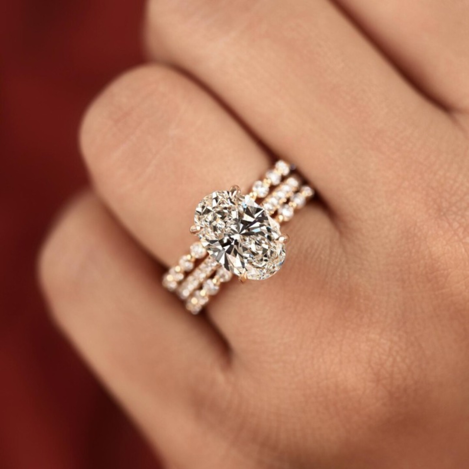 3 Carat Oval Cut Lab Grown Diamond Engagement Ring With 2 Bands | 14k Gold