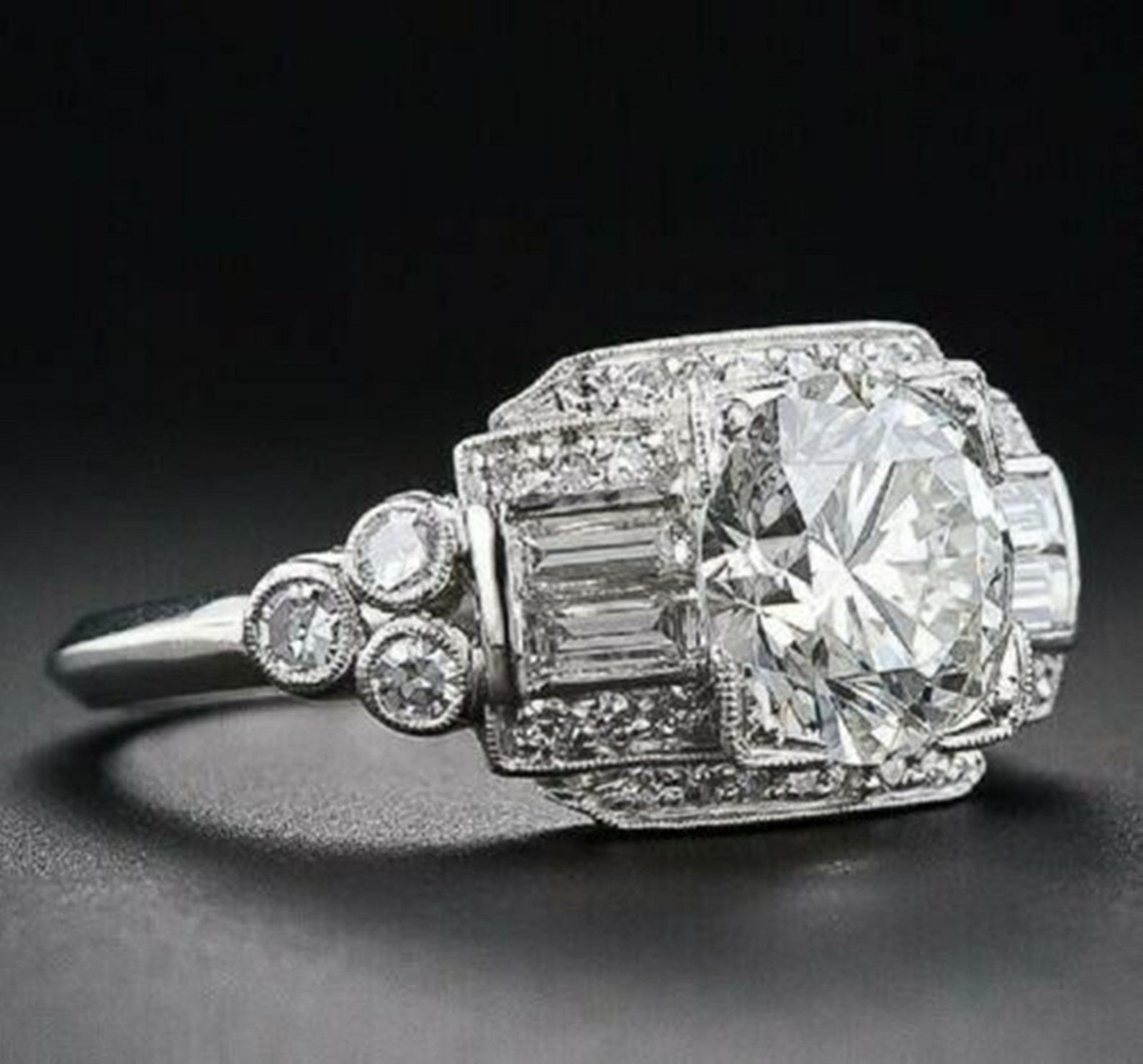 Art Deco Style 3.0Ct Old European Cut Lab-Created Diamond Engagement Silver Ring