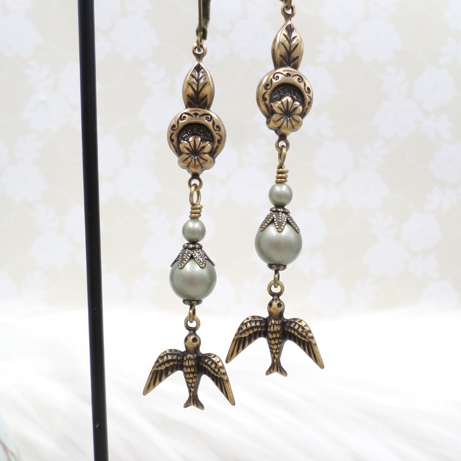 Brass Bird Earrings: Sage Green Pearl Floral Cottagecore Handmade Dangle Jewelry