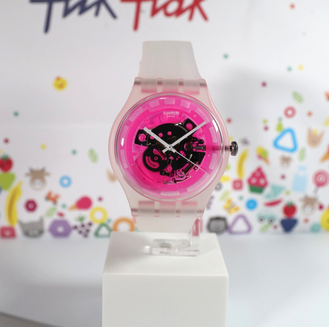 Rare Swatch Swiss PINKMAZING New Gents PINK SKELETON DIAL Silicone Strap 41MM
