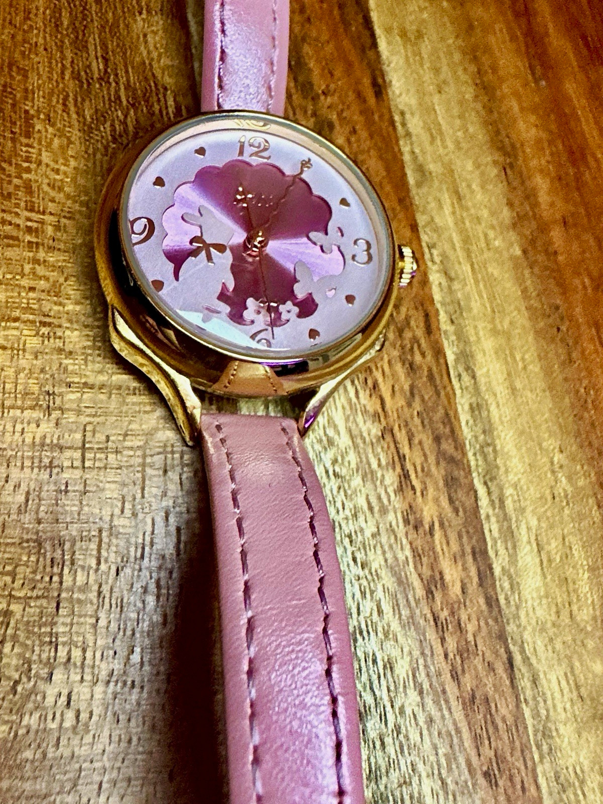 J.W. Butterfly Pink Dial Quartz Analog Gold-Tone Case Pink Leather Strap Watch