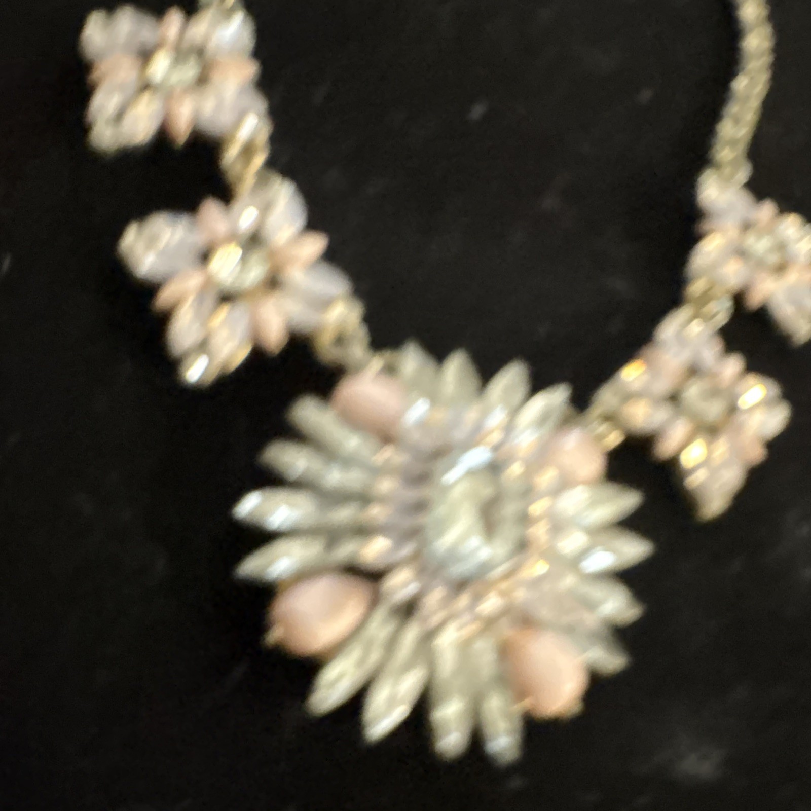 Silver Tone Statement Necklace Pink Floral Pendant Clear Crystal Rhinestone