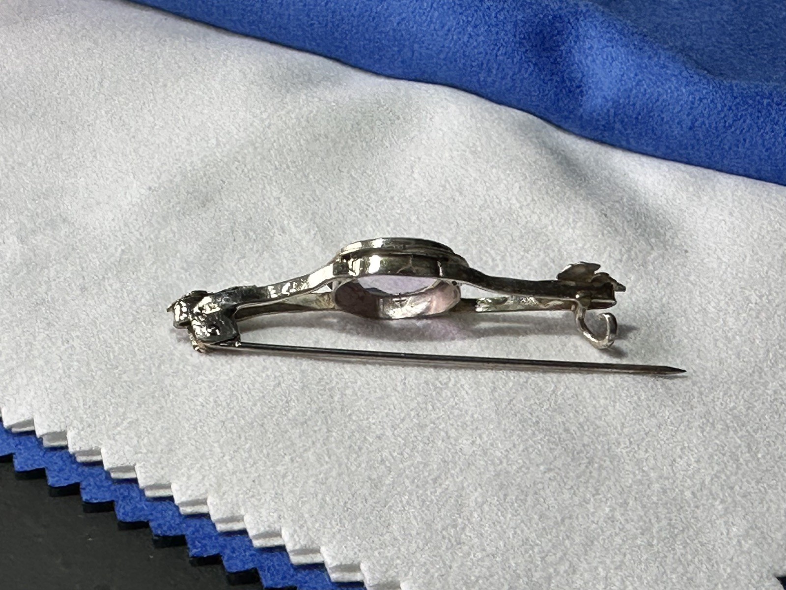 Antique German Sterling Silver Amethyst Brooch Pin Extended C Clasp