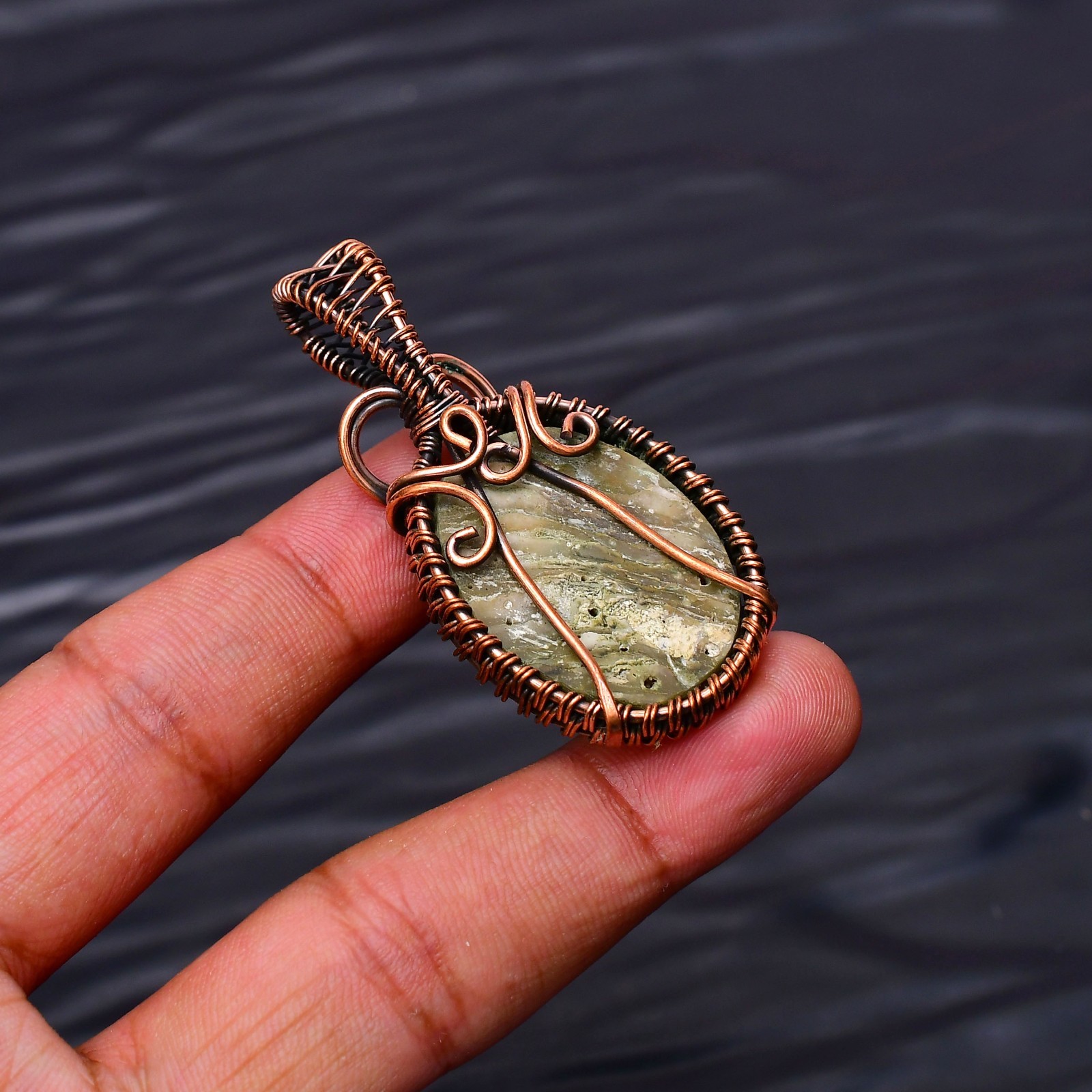 Mother of Pearl Gemstone Copper Wire Wrapped Handmade Jewelry Pendant 1.96″