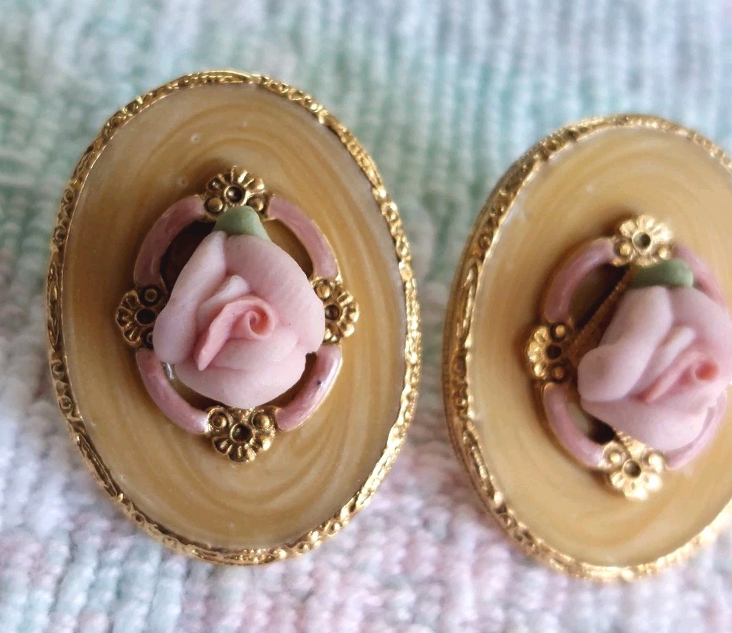Goldtoned Oval Ornate Pierced Earrings With Ceramic Roses & Gold Swirl Enamel