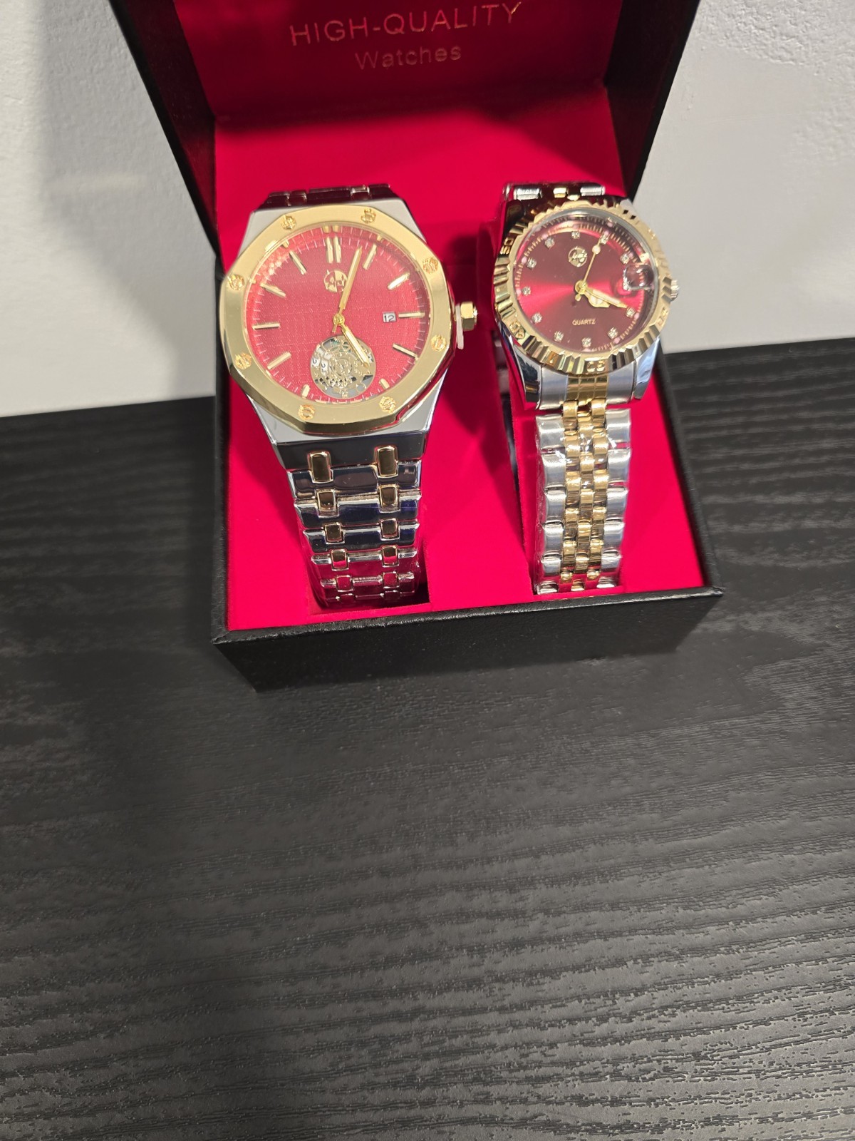 ​His and Hers Luxury Watch Matching Set Two-Tone Gold Silver Red Dial Gift Boxed