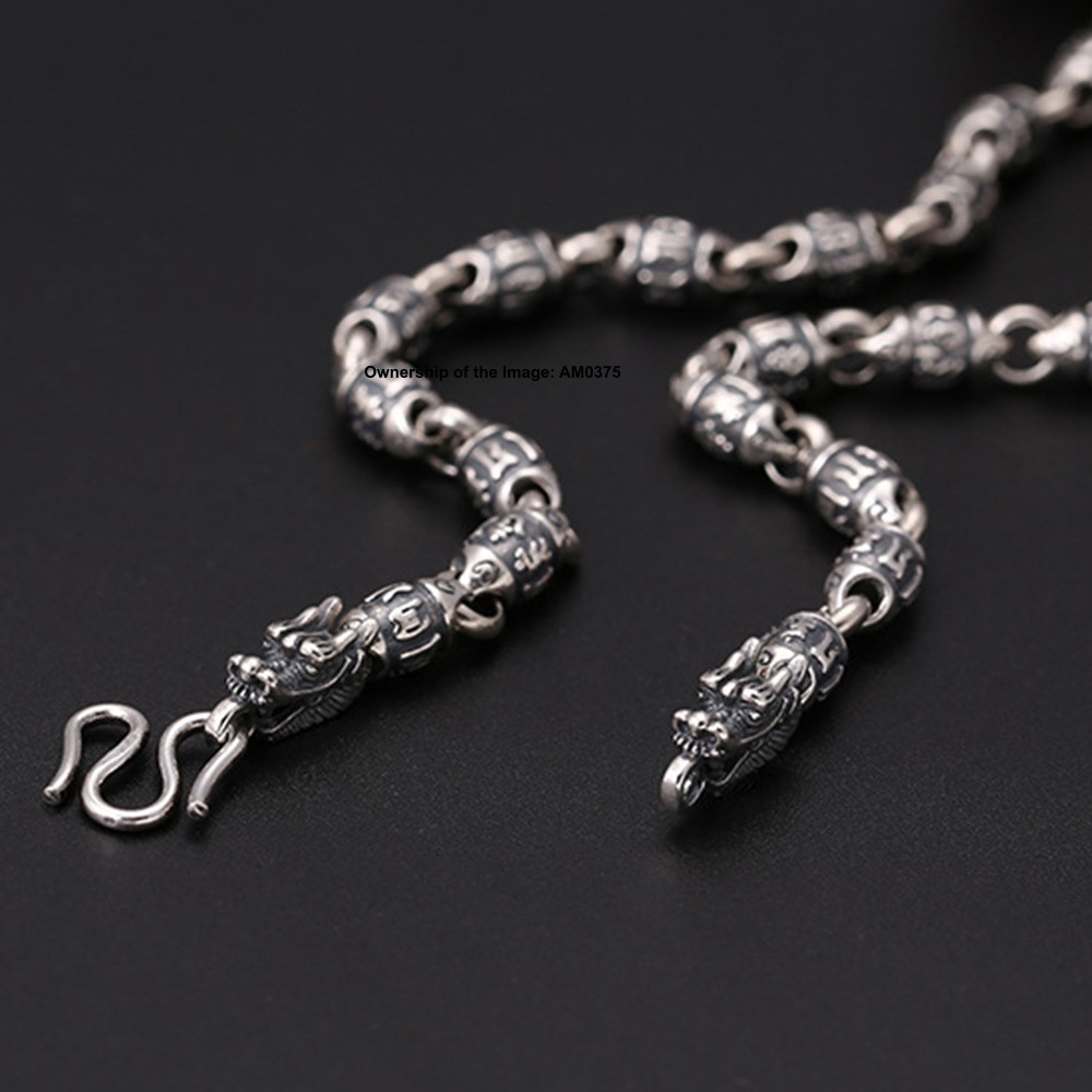Pure 925 Sterling Silver Necklace Dragon Head 6mm Sutra Oval Bead Link Chain