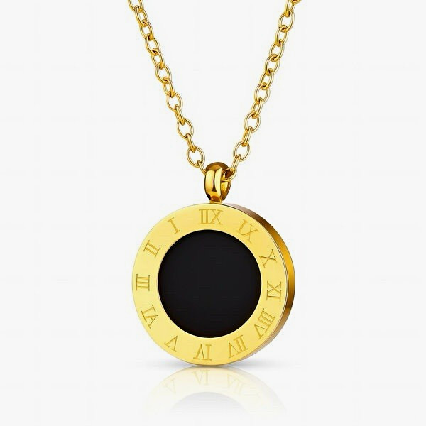 Gold-Tone Black Round Pendant Necklace Set, Roman Numerals Detail