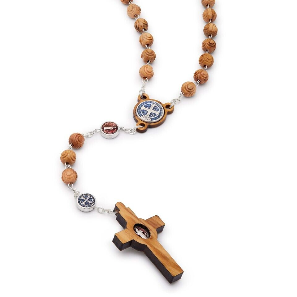 St Benedict Rosary Beads Catholic Olive Wood Medal Cross Blessed By Pope Vatican