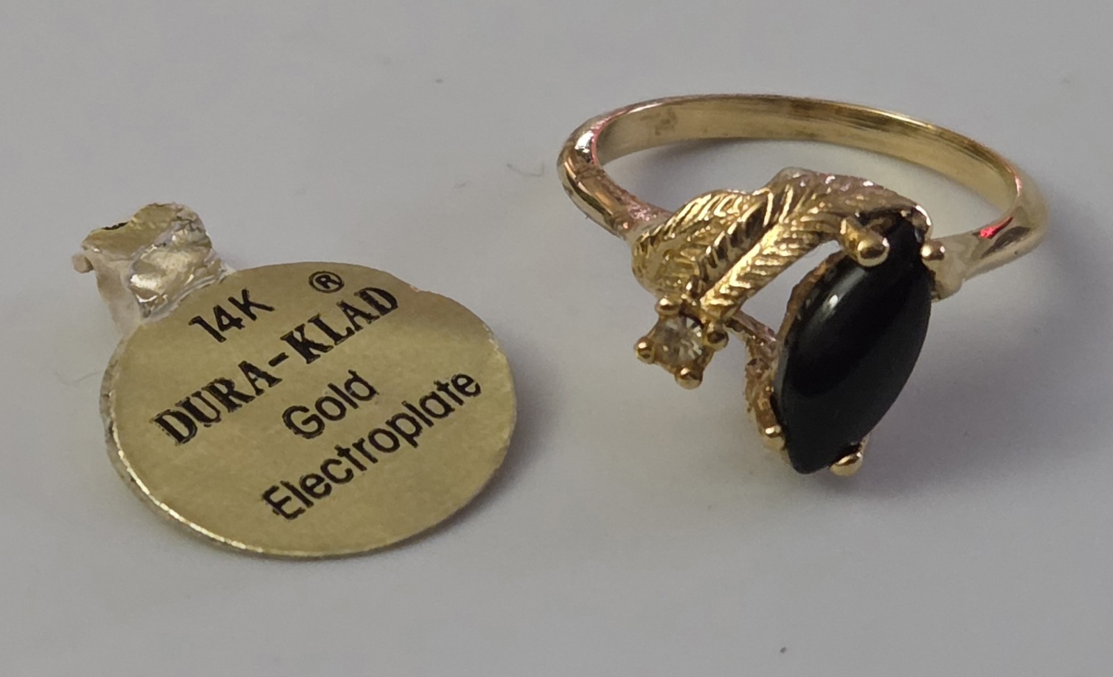 Vintage 14kt Yellow Gold Eletroplate Dura-Klad Onyx & CZ Size 6 Ring, NEW
