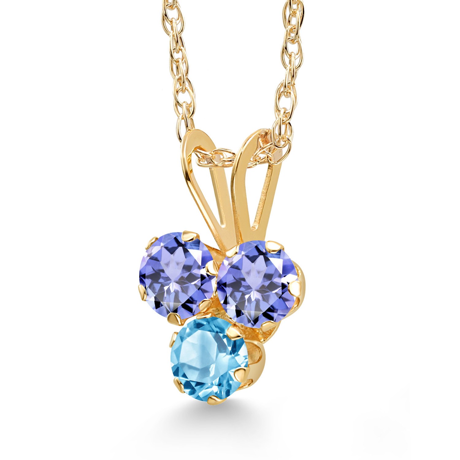 14K Yellow Gold Tanzanite and Swiss Blue Topaz 3-Stone Pendant Necklace For