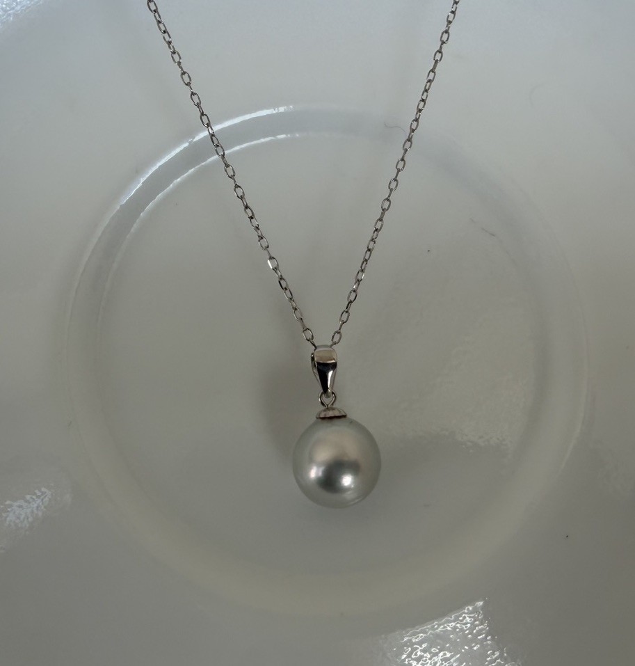 Gleaming 8.7mm Silver Gray Blue Akoya Pearl 18k Pendant 14k White Gold Chain 18”