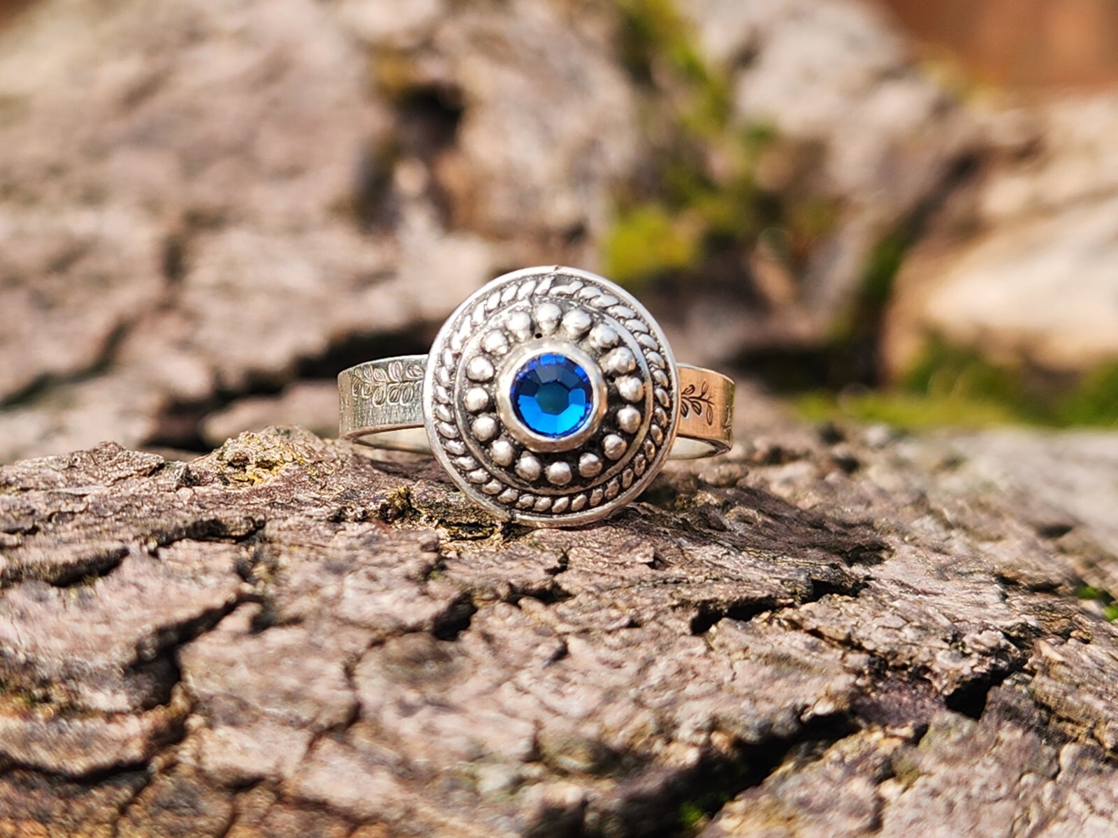 Handmade Sterling Silver Blue Swarovski Crystal Ring, Size 9.5, Leaf Leaves Band