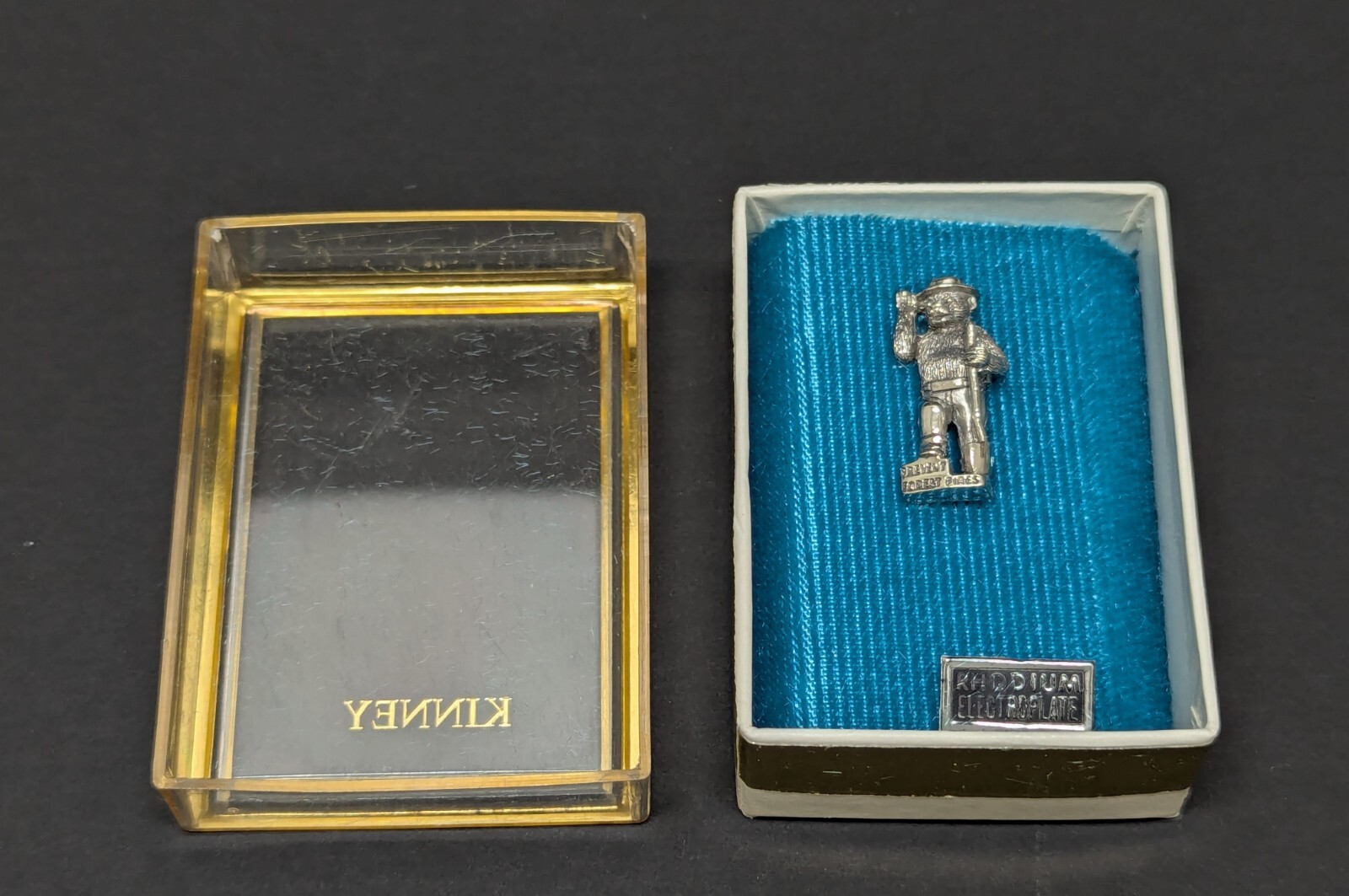 Vintage SMOKEY THE BEAR Tie Pin Tack Chain Rhodium Electroplate KINNEY Silver