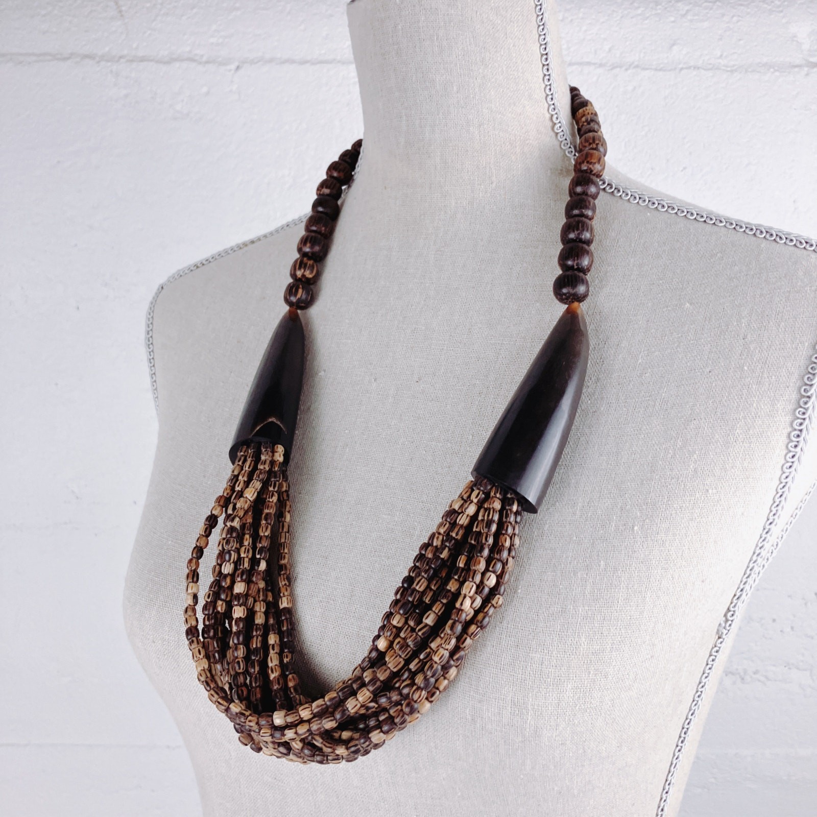 Tribal Wood Bead Bib Necklace & Earrings Set, Faux Horn, Boho