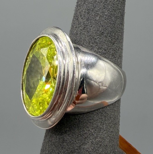 Sterling Silver Large Lime Green Yellow Faceted Crystal Statement Ring Sz 5.75