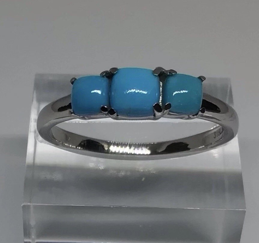 Three-Stone Cushion Sleeping Beauty Turquoise Pure Stainless Steel Ring SZ 10